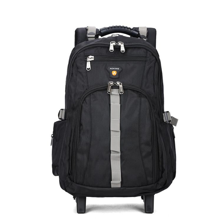 Black rolling backpack with telescopic handle and front organizer panel with zip pockets.