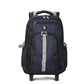 Navy blue rolling backpack with telescopic handle and front organizer panel with zip pockets.