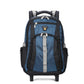Blue rolling backpack with telescopic handle and front organizer panel with zip pockets.