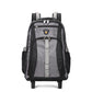 Gray rolling backpack with telescopic handle and front organizer panel with zip pockets.