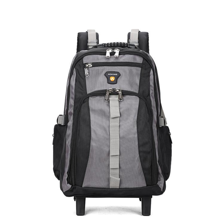 Gray rolling backpack with telescopic handle and front organizer panel with zip pockets.