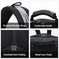 Black rolling backpack with thick shoulder straps, breathable back padding, and wheel cover pocket