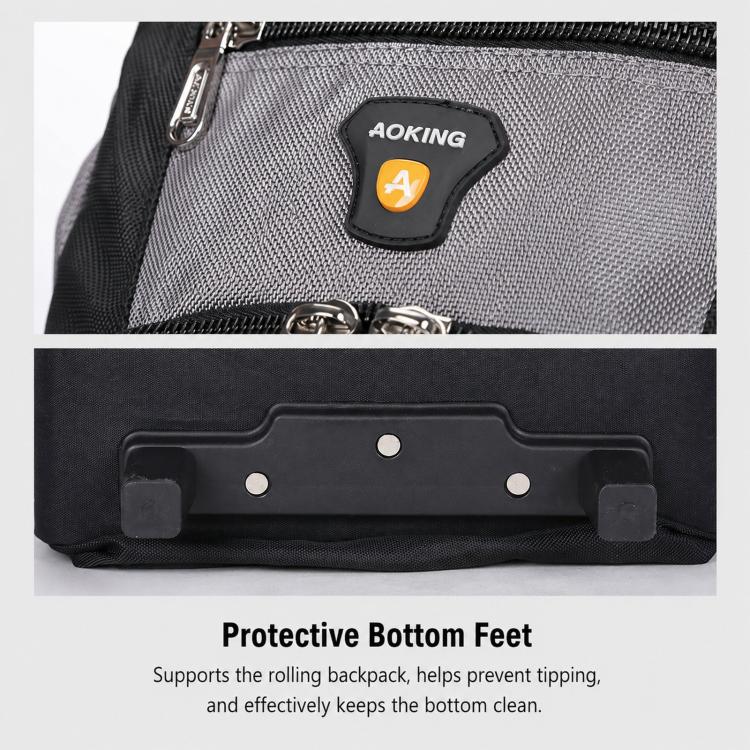 Black rolling backpack with AOKING patch and protective bottom feet