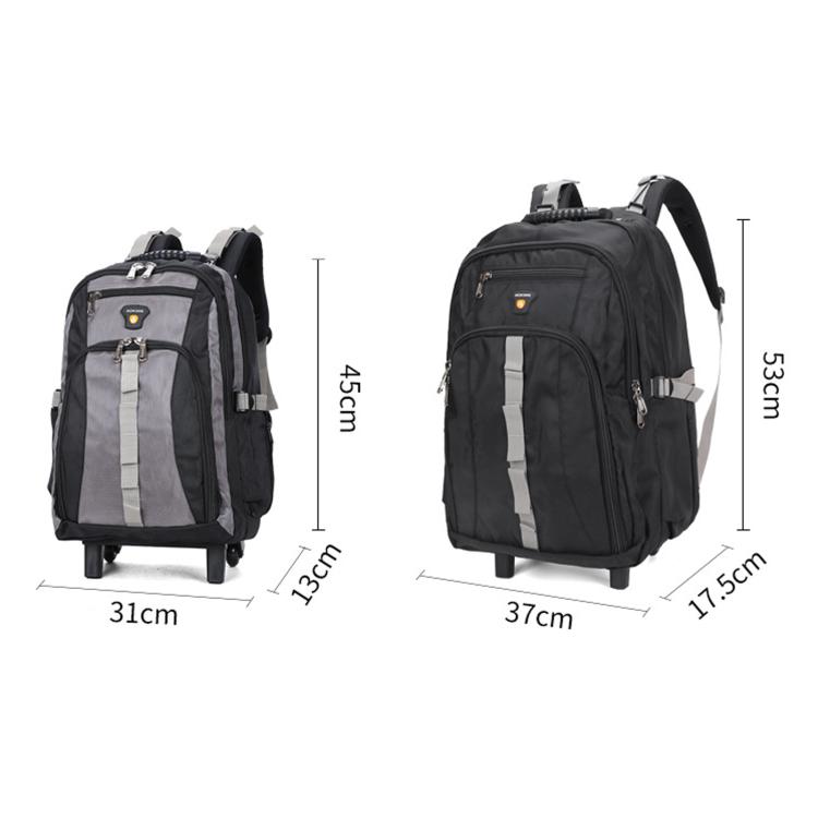 Black wheeled business backpack with gray front panel, padded straps and upright handle