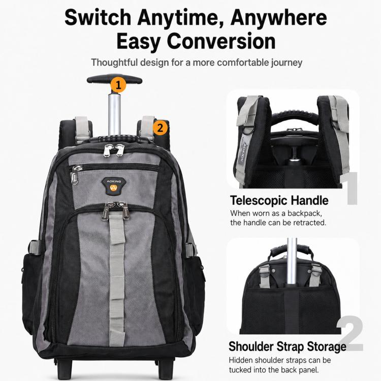 Black wheeled rolling backpack with upright telescopic handle and side storage pockets.
