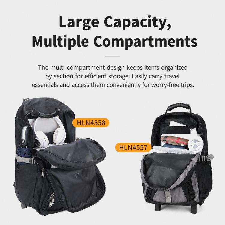 Black rolling backpack with multiple compartments and side zip pockets for travel essentials.