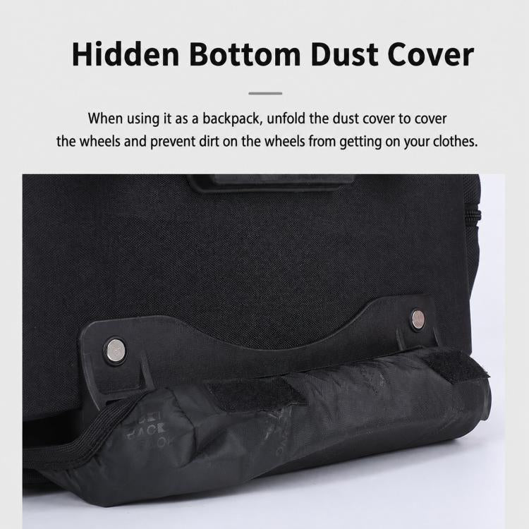 Black rolling backpack with hidden bottom dust cover over wheels