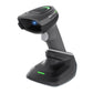 Wireless 2D barcode scanner with charging base stand, dark gray body and green LEDs