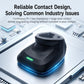 Wireless barcode scanner resting on charging dock with green LED indicator