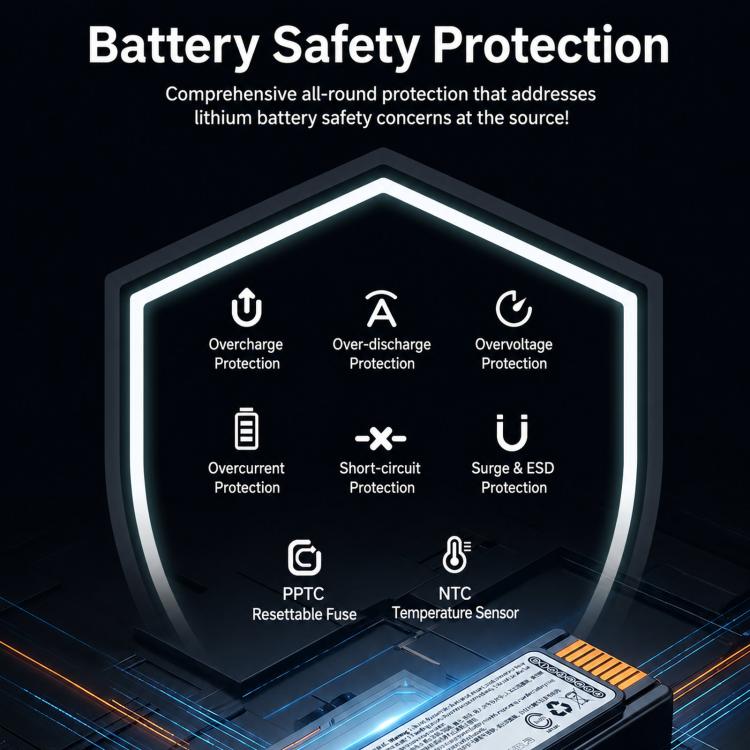 Barcode scanner battery safety protection shield graphic with overcurrent and overvoltage icons