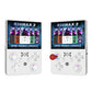 Retro handheld game console with game screen, white body, colorful three-button joystick
