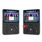 Retro handheld game console with game screen, dark gray body, dual thumbsticks