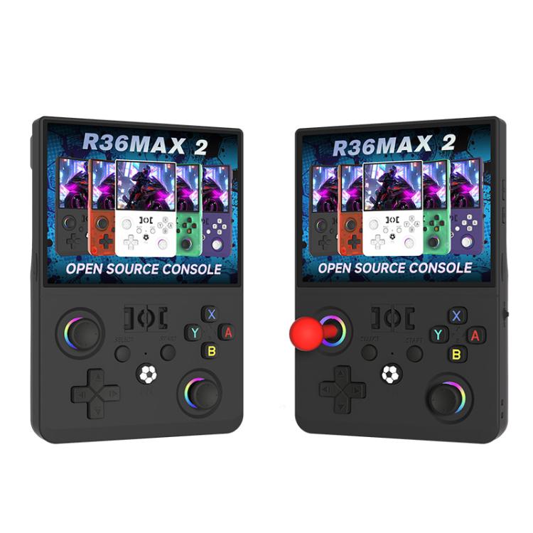 Retro handheld game console with game screen, dark gray body, dual thumbsticks