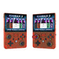Retro handheld game console with game screen, red transparent body, colorful joystick