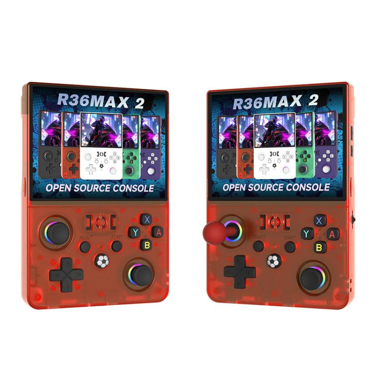 Retro handheld game console with game screen, red transparent body, colorful joystick