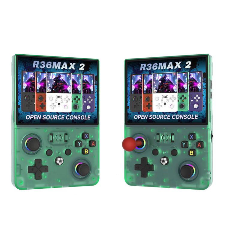 Retro handheld game console with game screen, green transparent body, colorful joystick