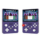 Retro handheld game console with game screen, purple body, colorful three-button joystick