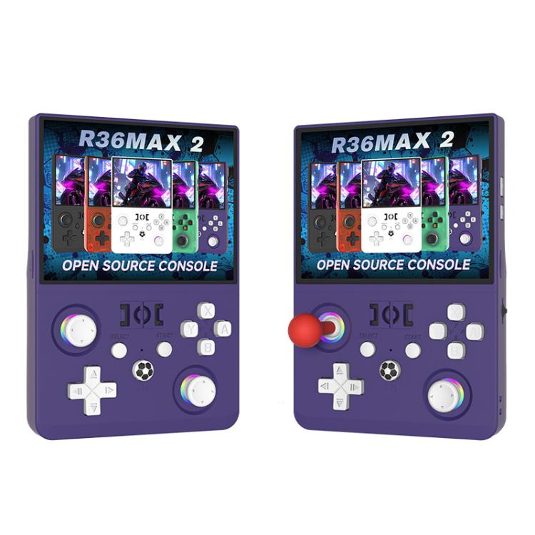 Retro handheld game console with game screen, purple body, colorful three-button joystick