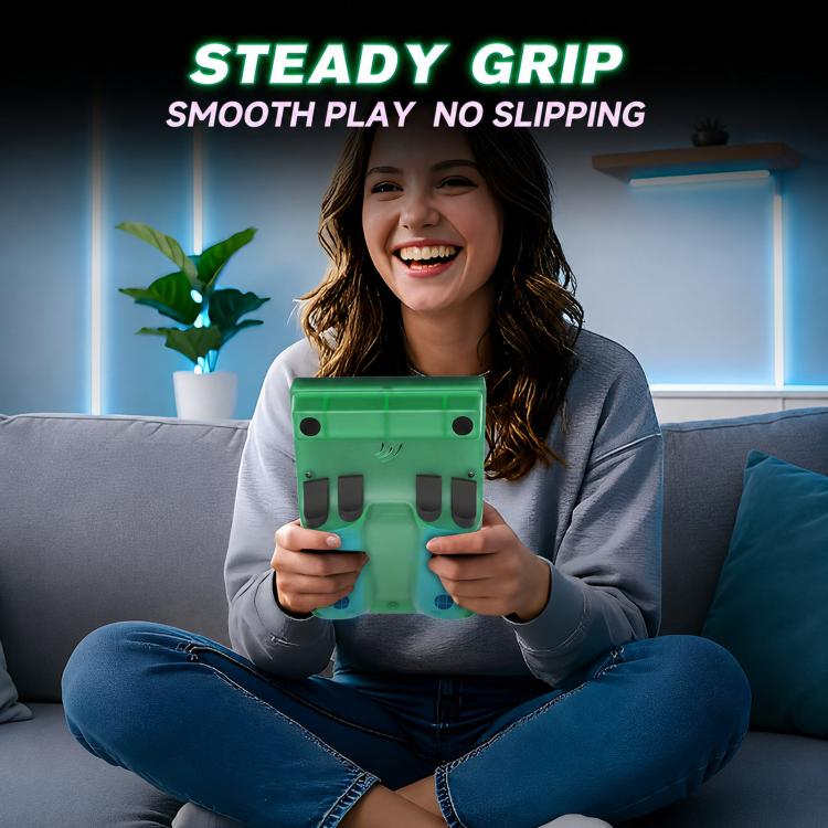 Retro handheld game console held in hands with smooth grip