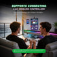 White retro handheld game console for multiplayer, held by two people with wireless controllers