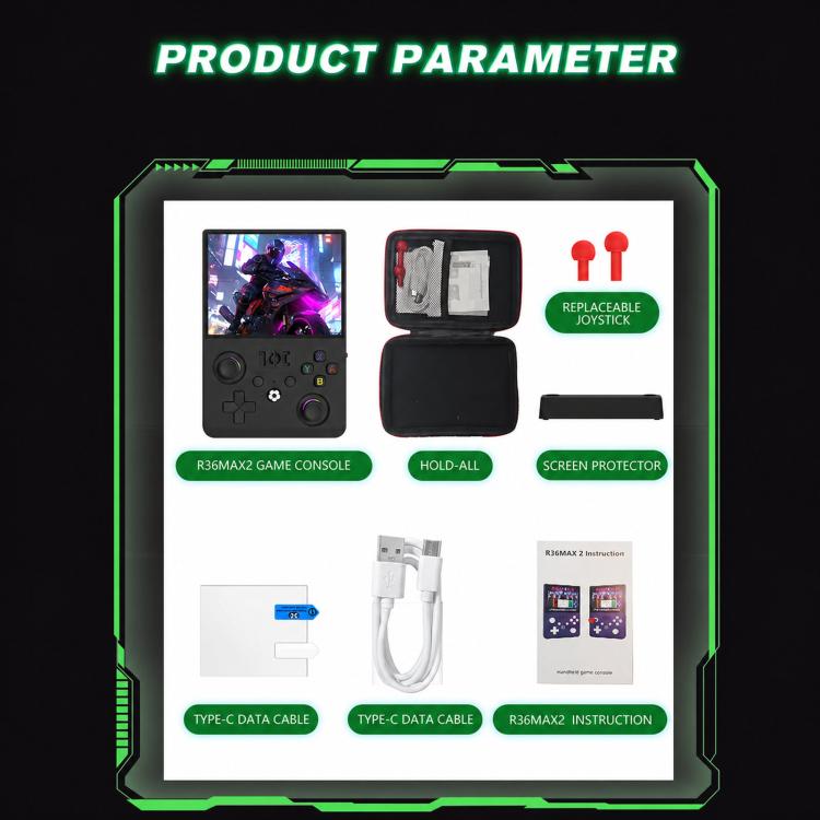 Retro handheld game console accessory kit with console, case, cables, and screen protector