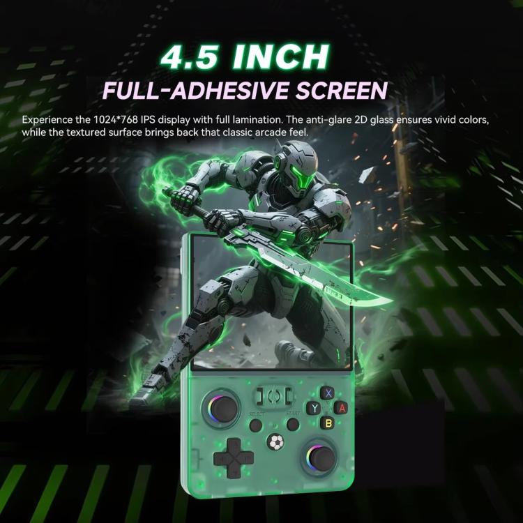 Retro handheld game console with 4.5-inch screen and green-lit buttons