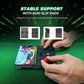 Retro handheld game console on a desk with non-slip base grips