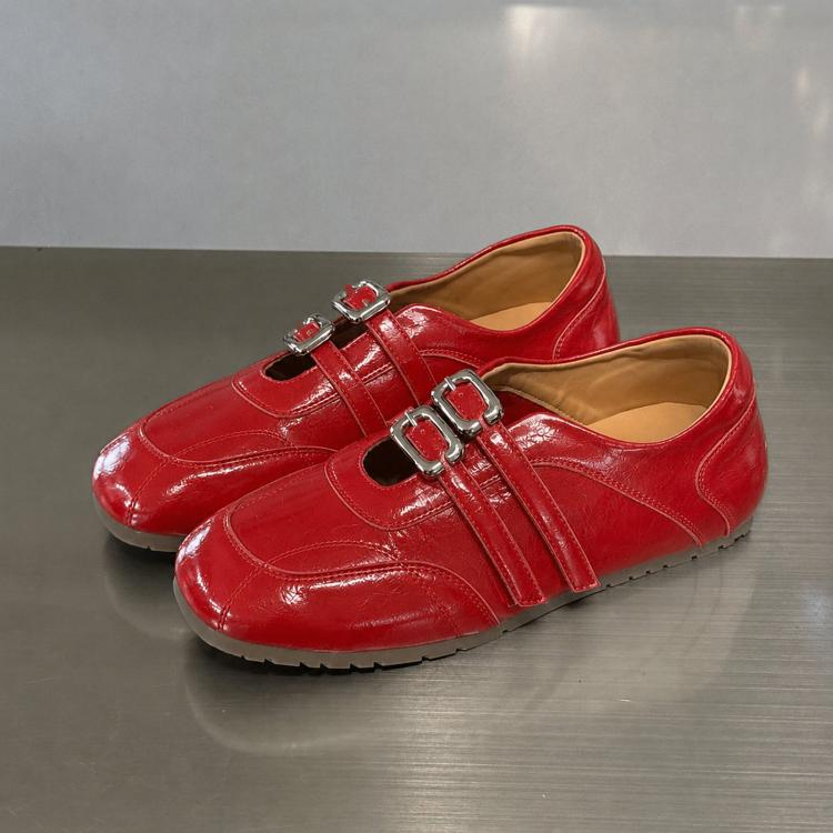 Women's red square-toe flat slip-on shoes with double buckles and silver hardware