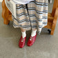 Women's red square-toe flat slip-on shoes with double buckles and metal hardware