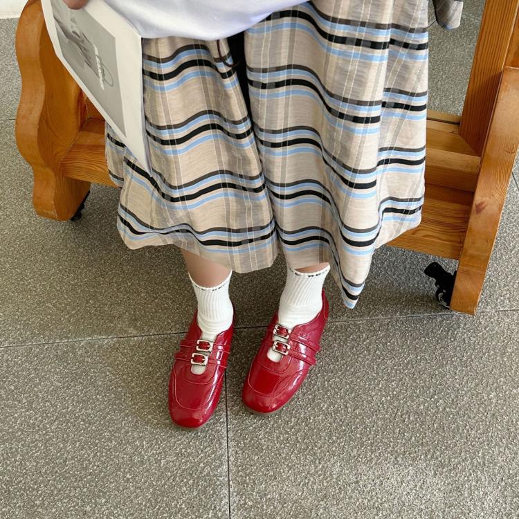 Women's red square-toe flat slip-on shoes with double buckles and metal hardware