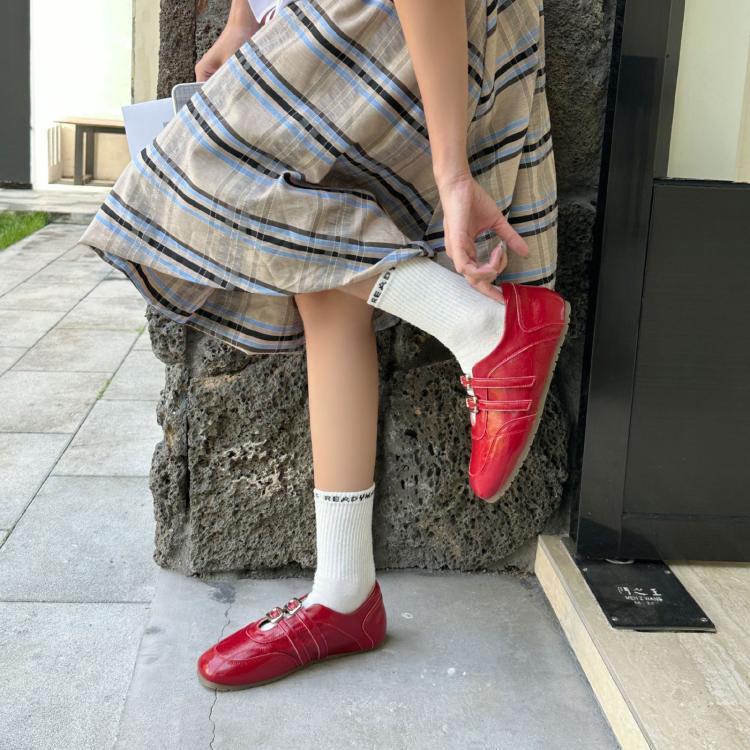 Women's red square-toe ballet-style flat slip-on shoes with double buckles