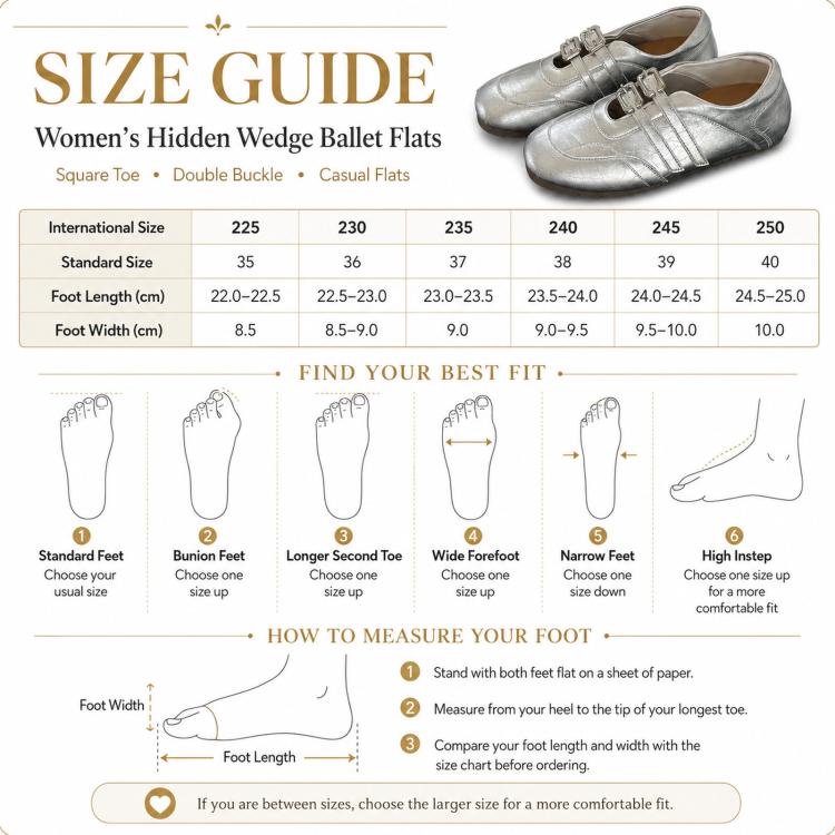 Size guide chart for women's hidden wedge ballet flats, square toe and double buckle
