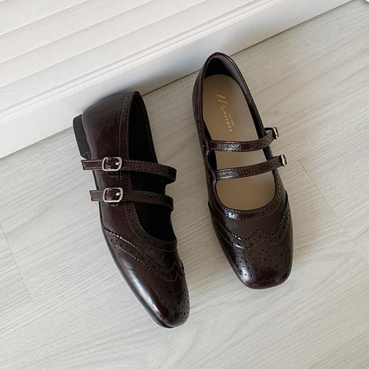 Women's vintage mary jane flat shoes, dark brown, two buckle straps, soft sole