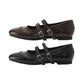 Women's vintage mary jane flat shoes, dark black, two buckle straps, soft sole