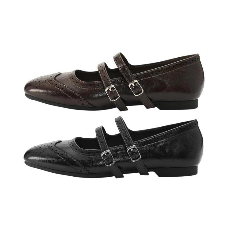 Women's vintage mary jane flat shoes, dark black, two buckle straps, soft sole