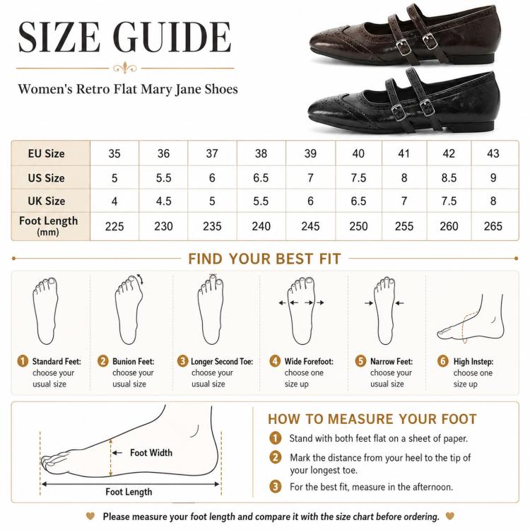 Retro flat Mary Jane shoes size guide chart with two shoe views