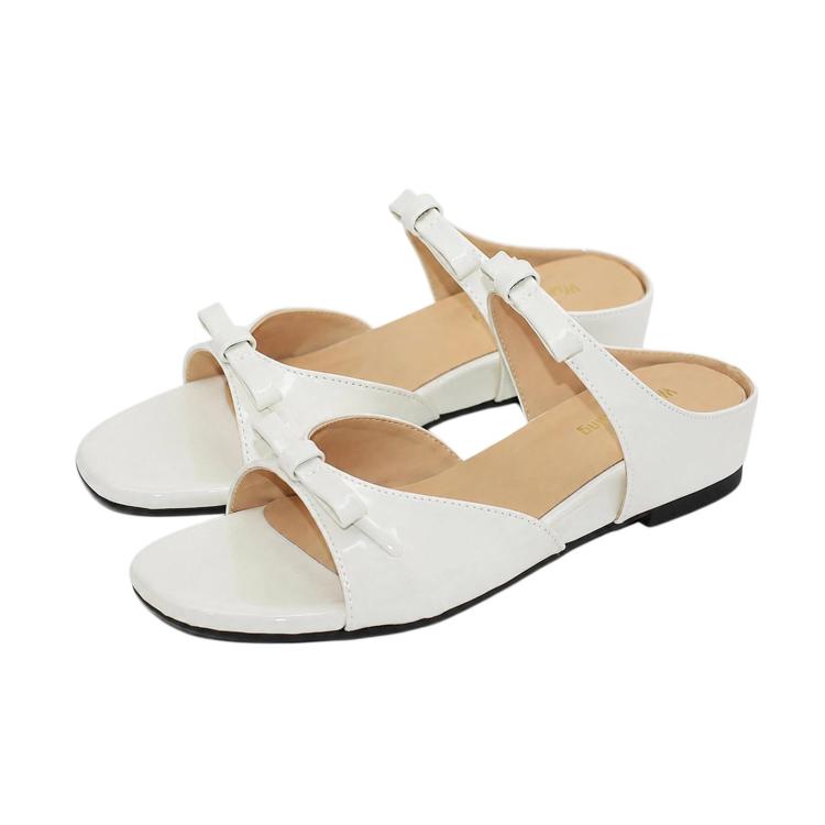 Women's one-strap square-toe sandals, white with open toe and black outsole