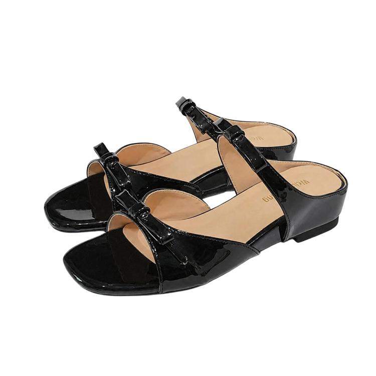 Black square-toe slide sandals with single strap and low heel