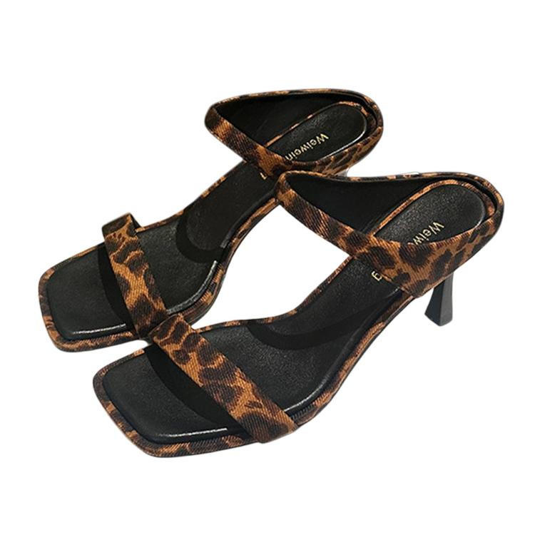 Leopard square-toe heeled slide sandals with one strap across the foot, open toe