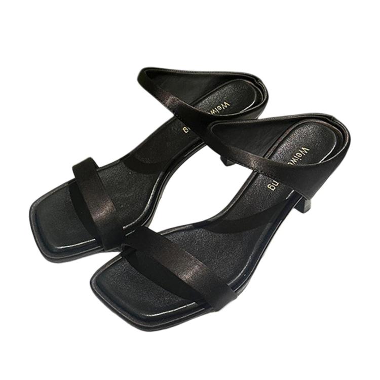 Black square-toe slide sandals with single wide strap and block high heel