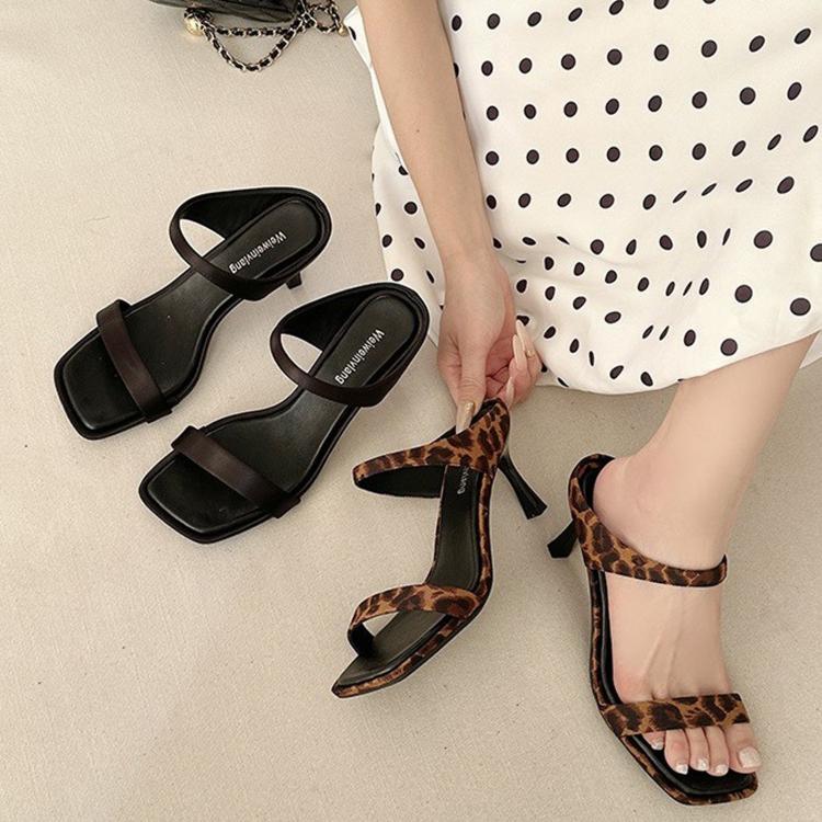 Leopard-print square-toe slide sandals with one strap and block high heel