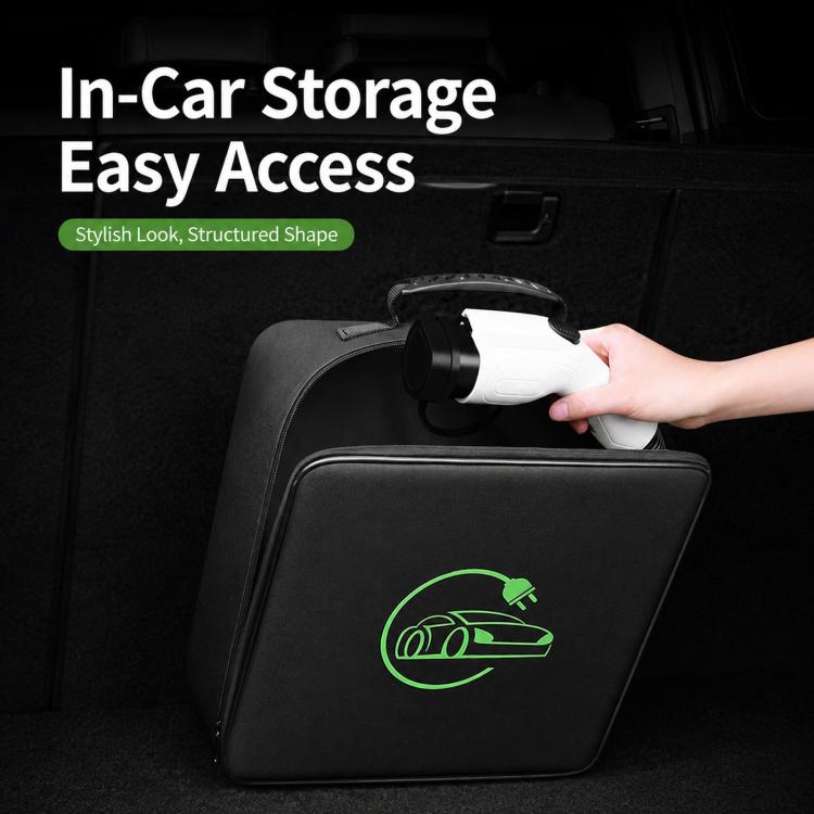Black EV cable storage case with green charging logo, closed with carry handle