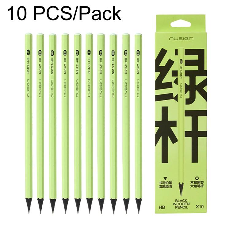 HB drawing pencils, green hex barrel, 10-pack with exposed black tips.