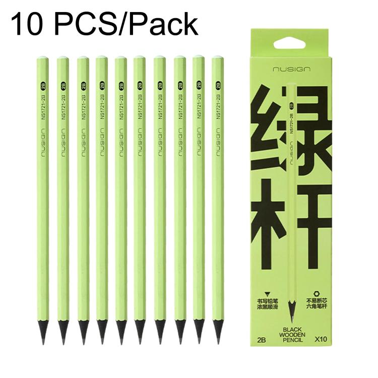2B drawing pencils, green hex barrel, 10-pack with black sharpened tips.