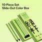 10-piece colored box pencil set with green pencils in a slide-out tray.