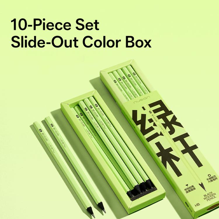 10-piece colored box pencil set with green pencils in a slide-out tray.