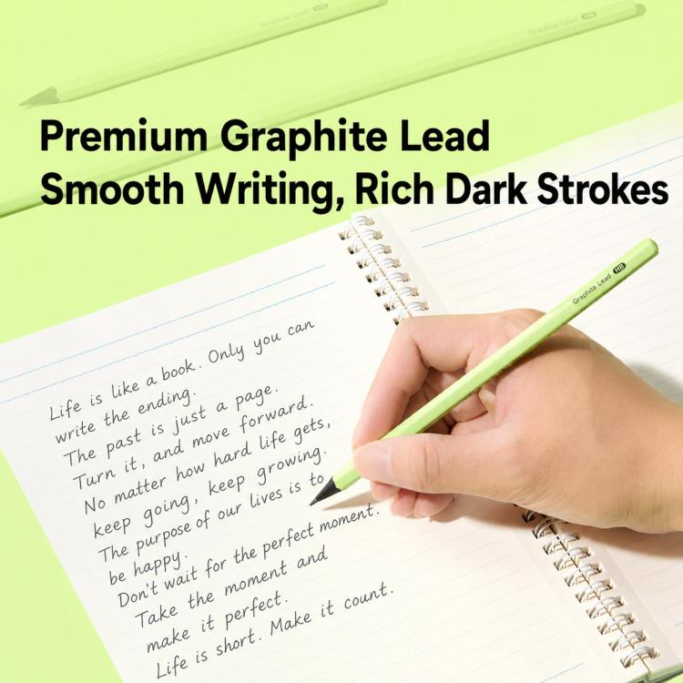 Hand writing with a green 2B graphite pencil on lined paper.