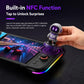 Black controller with RGB light strip and motion joystick, held in hand