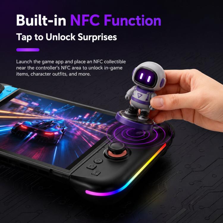 Black controller with RGB light strip and motion joystick, held in hand