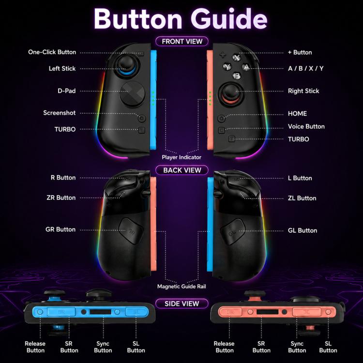 Front and back views of black magnetic controllers with buttons and dual sticks
